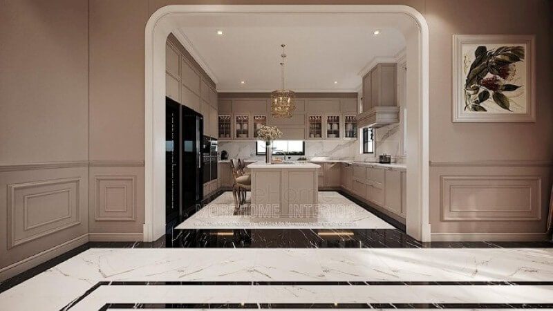 Biệt thự cao cấp Hải Phòng sẽ được trang trí nội thất phòng bếp theo phong cách đương đại, sang trọng, đẹp mắt với kiểu dáng chữ U.