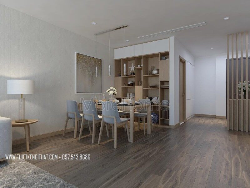 Tạo ra một phòng ăn hiện đại bằng cách sử dụng bộ bàn ăn gồm 6 ghế với chất liệu là gỗ tự nhiên kèm theo đệm nỉ.
